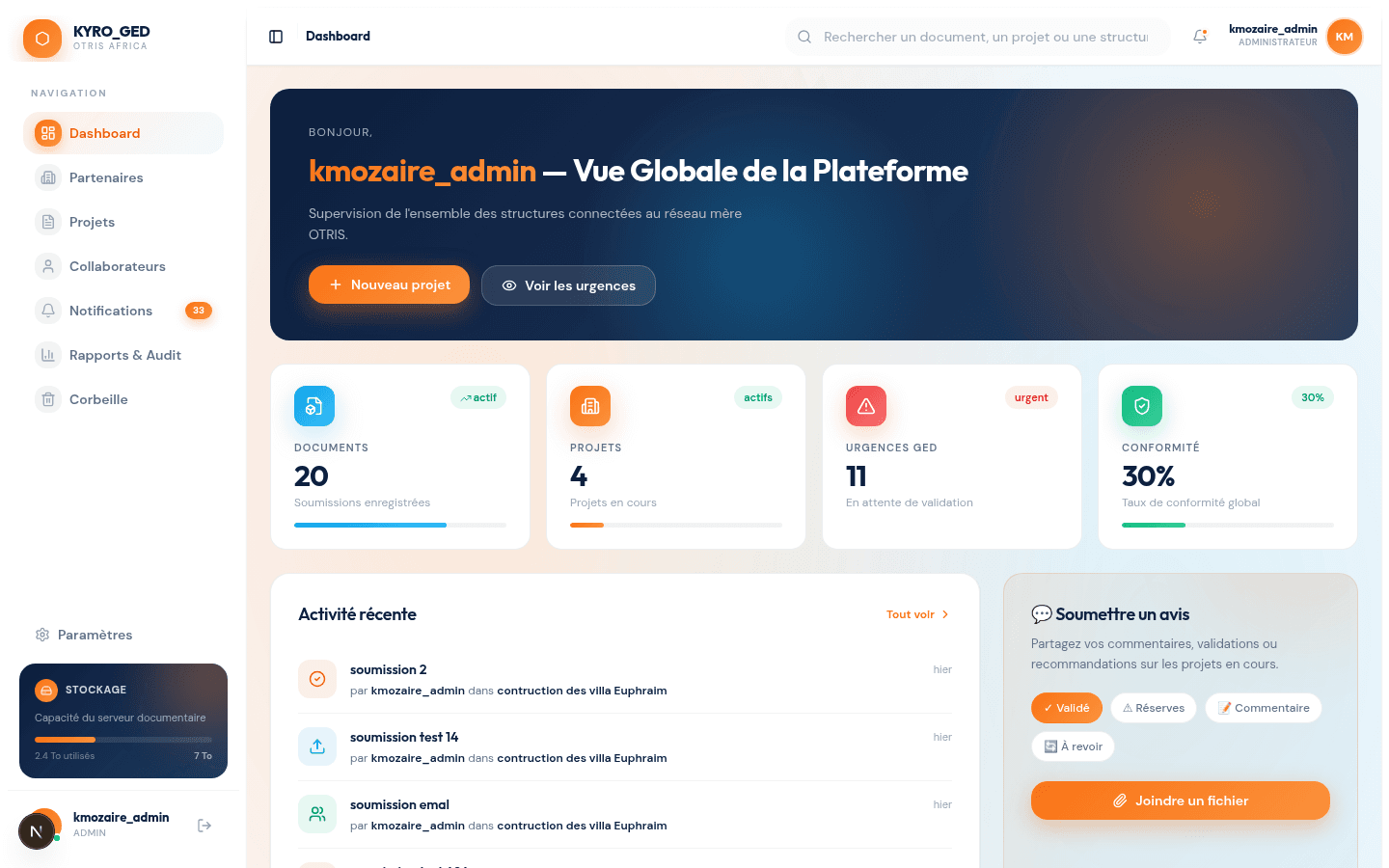 Aperçu du dashboard Kyro-Ged